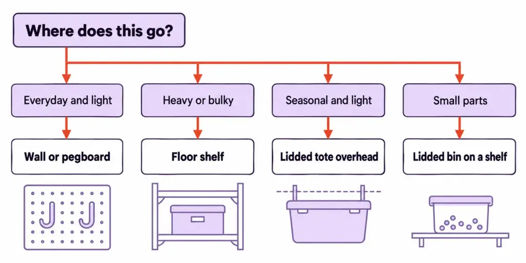Garage Organization Ideas on a Budget, in the Right Order 10 Decision tree sorting garage items by use frequency and weight into wall, floor, overhead, and bin storage