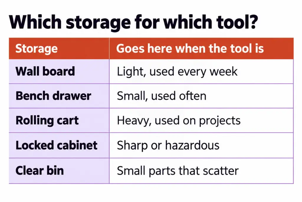 7 Garage Tool Organization Ideas That Fit Each Tool 2 Decision chart matching garage tools to storage by how often you use them, their weight and length, and what storage does to them