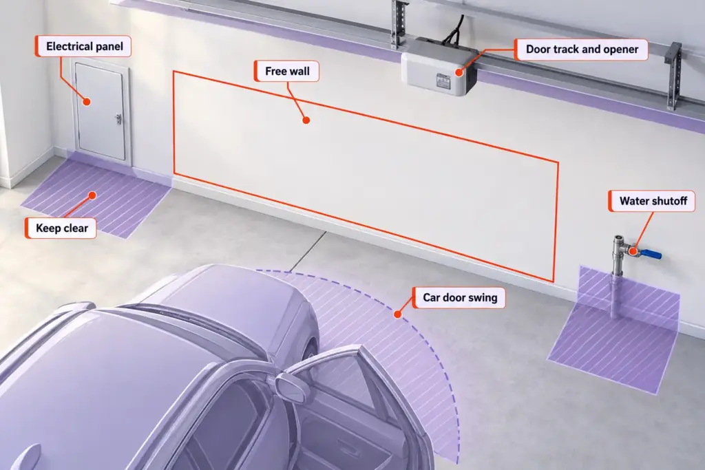 Overhead map of a two-car garage wall with keep-out zones: panel clear strip, water shutoff, door track and car door swing