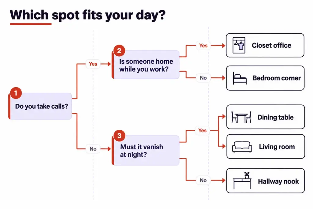 Decision tree with three yes/no questions on calls, who is home and nightly setup, ending at five home office spots