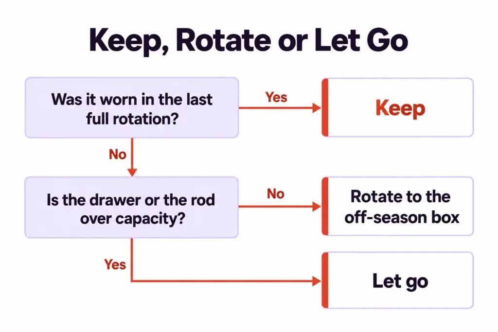 Decision tree showing three questions that decide whether a clothing piece is kept, rotated to the off-season box, or let go