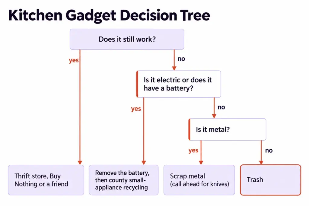 Decision tree showing where a kitchen gadget goes: thrift store, battery removal, county recycling, scrap metal or trash