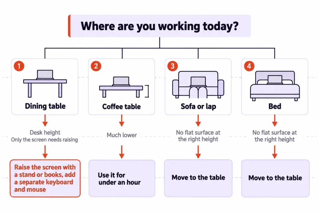 Portable Home Office Setup That Clears Off the Dinner Table 3 Decision tree: where are you working today, with four spots and a verdict for each, from dining table to bed