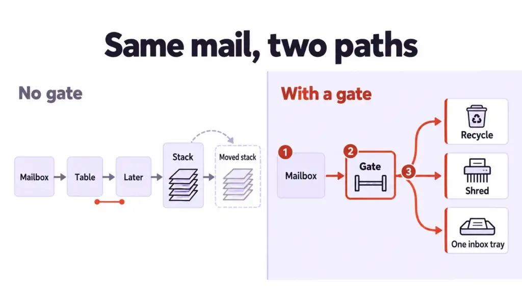 How to Organize Paper Clutter and Stop It Coming Back 2 Flow comparison of one piece of mail with no gate piling up versus a gate sending it to recycle, shred or one inbox tray