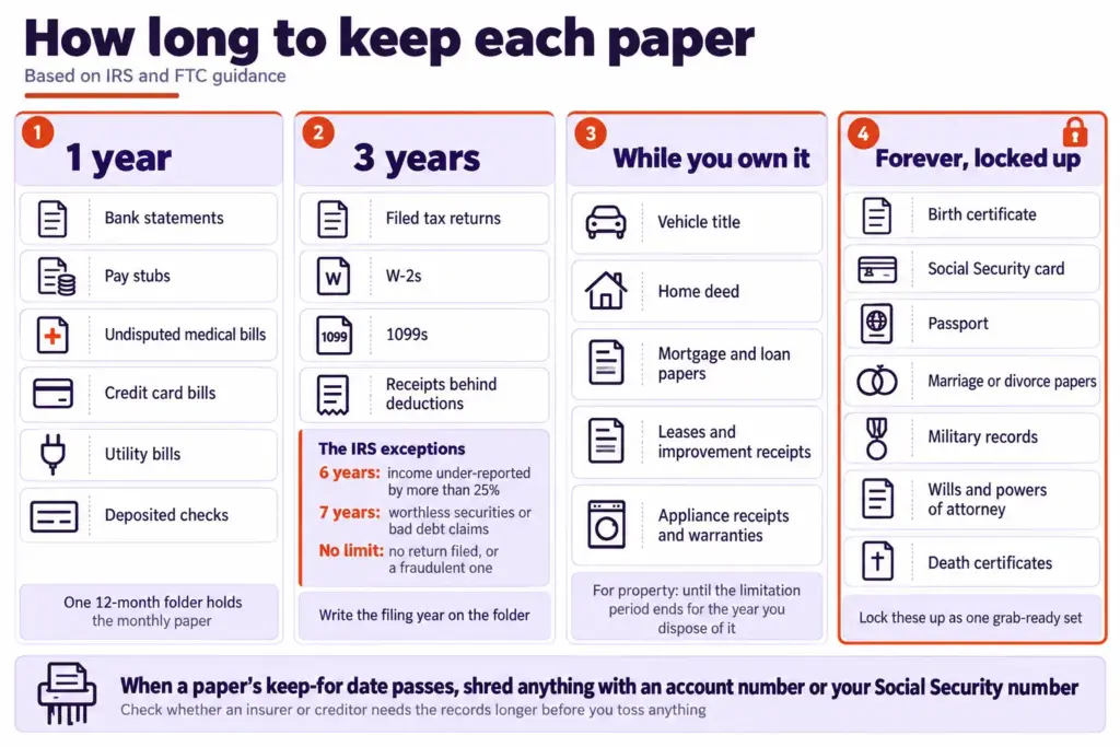 Keep-for chart showing which papers to keep 1 year, 3 years, while you own them, or forever, plus a shred strip