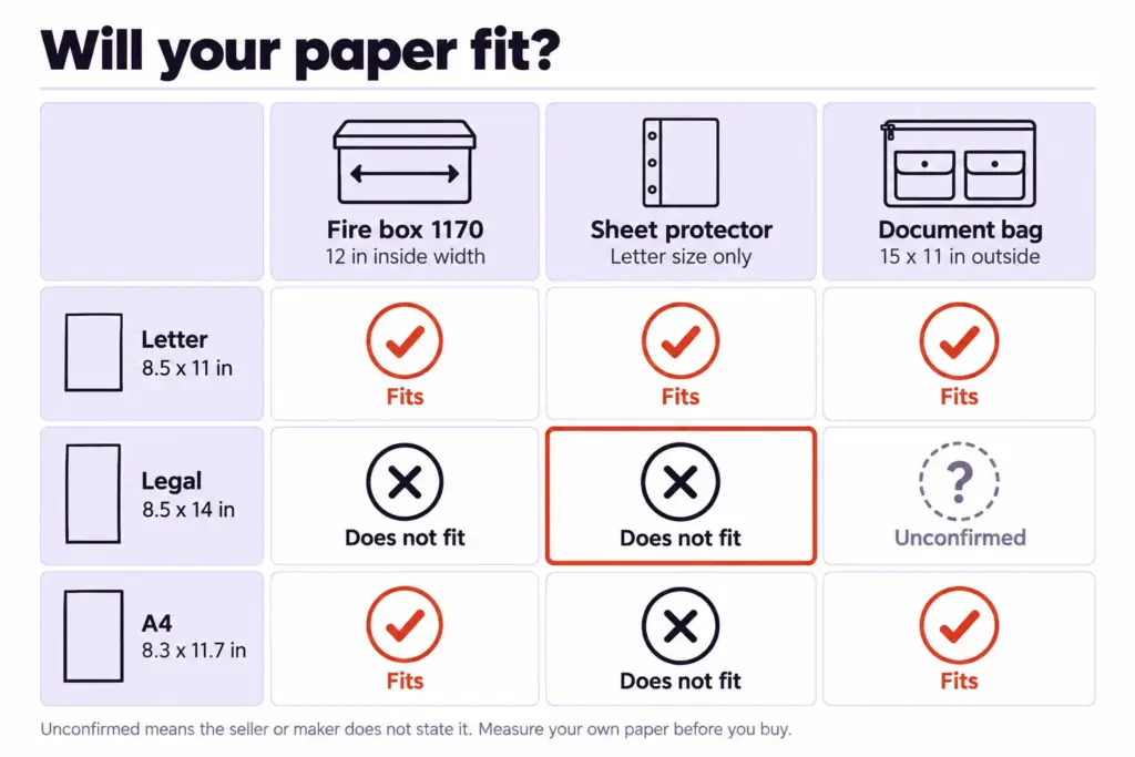 Size and fit chart of Letter, Legal and A4 paper against a fire box, a sheet protector and a document bag