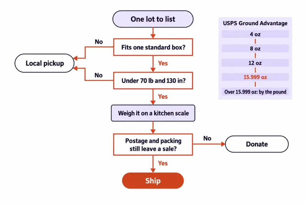 Decision flowchart for one lot: ship, local pickup or donate, with USPS Ground Advantage weight tiers as a side column