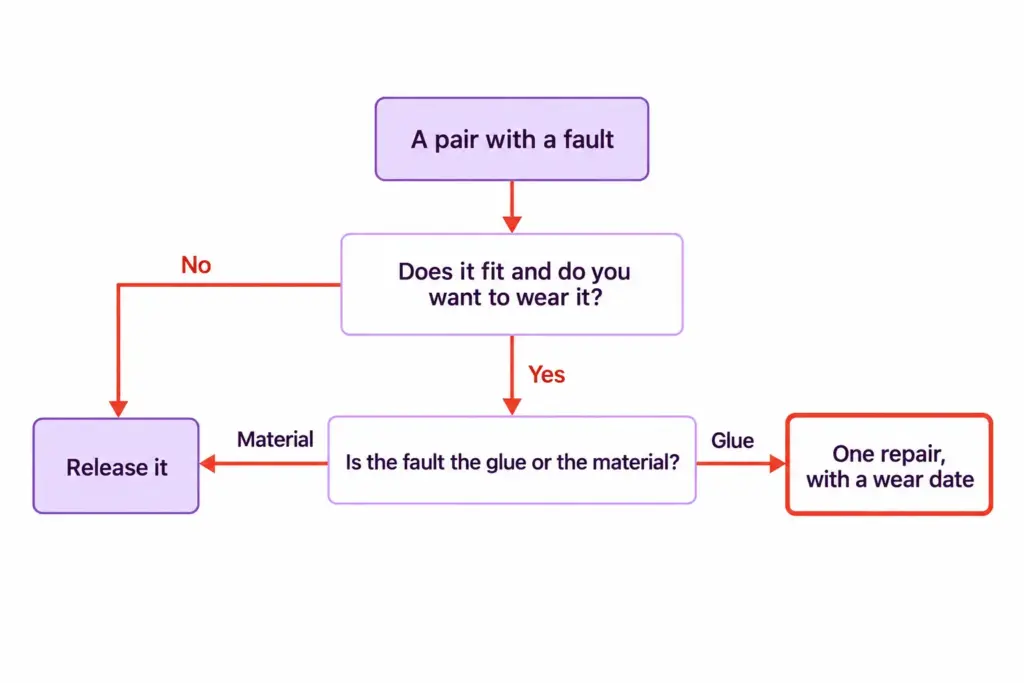 Decision tree for a faulty shoe pair: fit check, then glue or material test, ending in one repair with a wear date or release