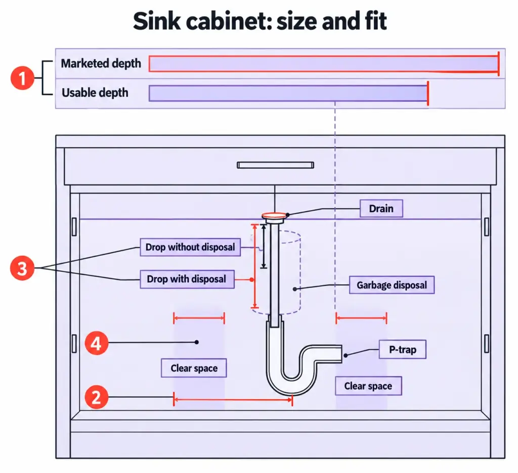 Best Cleaning Supply Organizers for the Space You Have 2 Flat size chart for a sink cabinet: marketed vs usable depth, P-trap projection, and disposal drop beside the drain