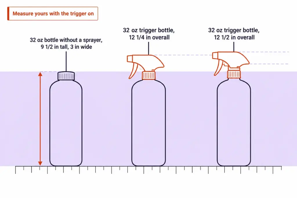 6 Cleaning Supply Organization Ideas That Stop Rebuying 7 Size chart comparing a 32 oz bottle with and without a trigger sprayer, labeled in inches, with a measure-with-trigger-on tip