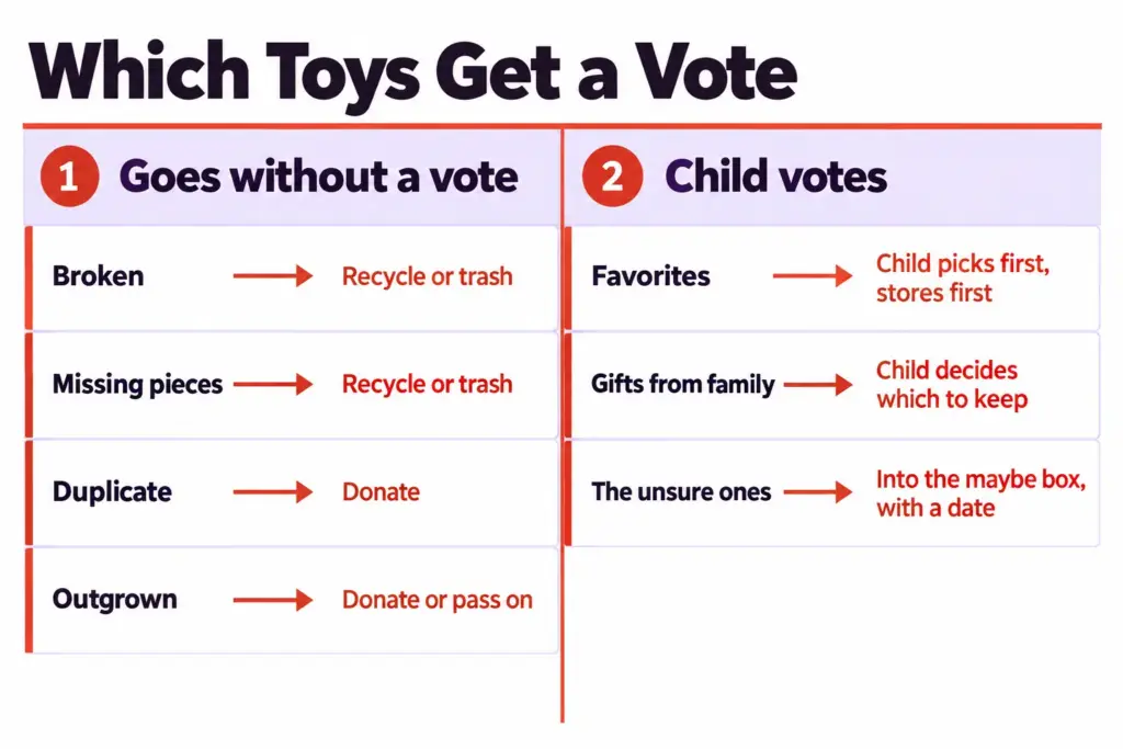 Decision chart splitting toys into a goes-without-a-vote column and a child-votes column, with the next step for each