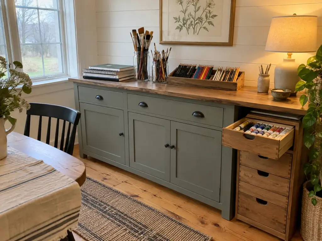 Sideboard with a paint drawer, upright brush jars, a pencil tray and sketchbooks, each medium in its own container