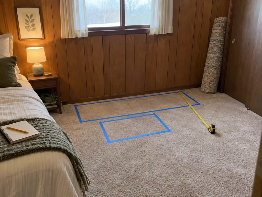Blue painter's tape marking a desk and chair rectangle on a bedroom floor with a yellow tape measure stretched beside it