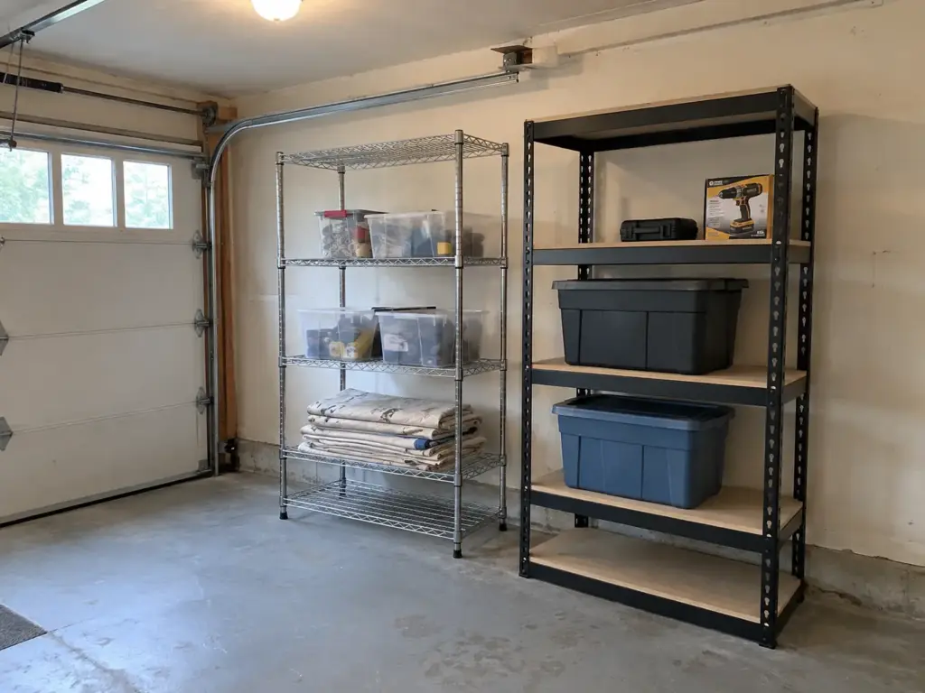 A chrome wire shelving unit and a black steel unit with board shelves stand side by side in a garage holding bins and totes