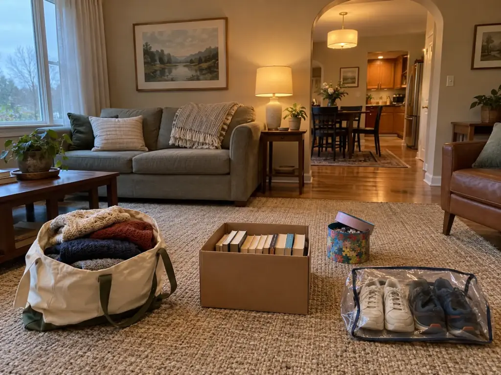 Three piles on a living room rug: a tote of sweaters, a box of paperbacks and a bag of shoes, each for its own stop