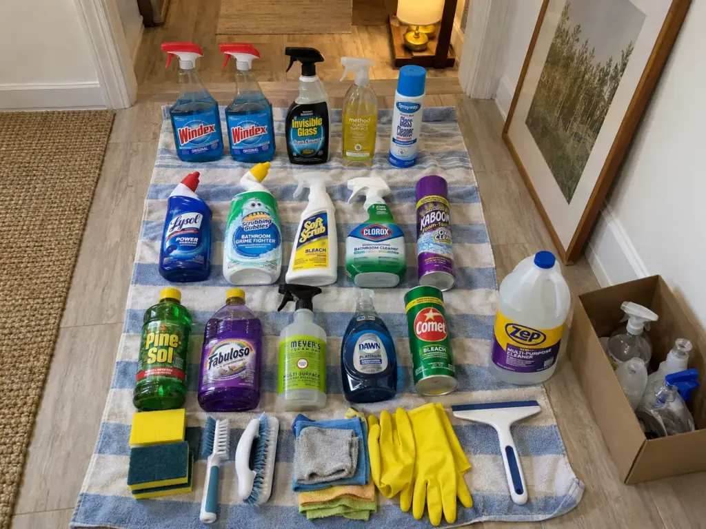 6 Cleaning Supply Organization Ideas That Stop Rebuying 1 Cleaning supplies sorted into rows by job on a bath towel on a hallway floor, two identical sprays standing side by side
