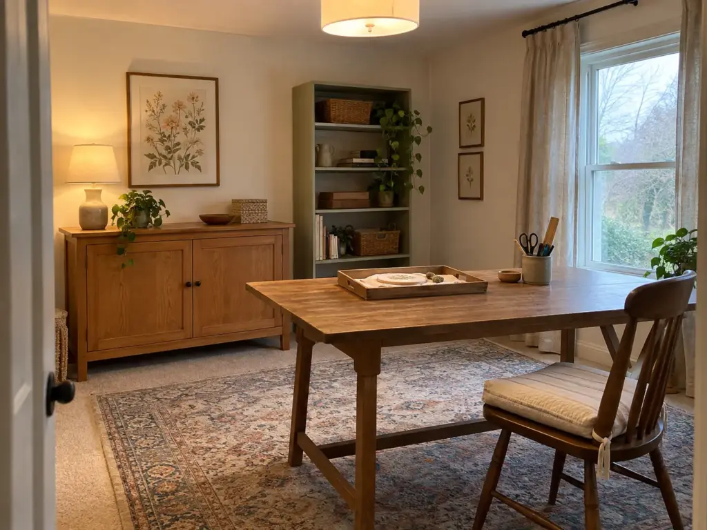 Craft room with a closed stash cabinet, one project tray on the table and a caddy of tools within reach