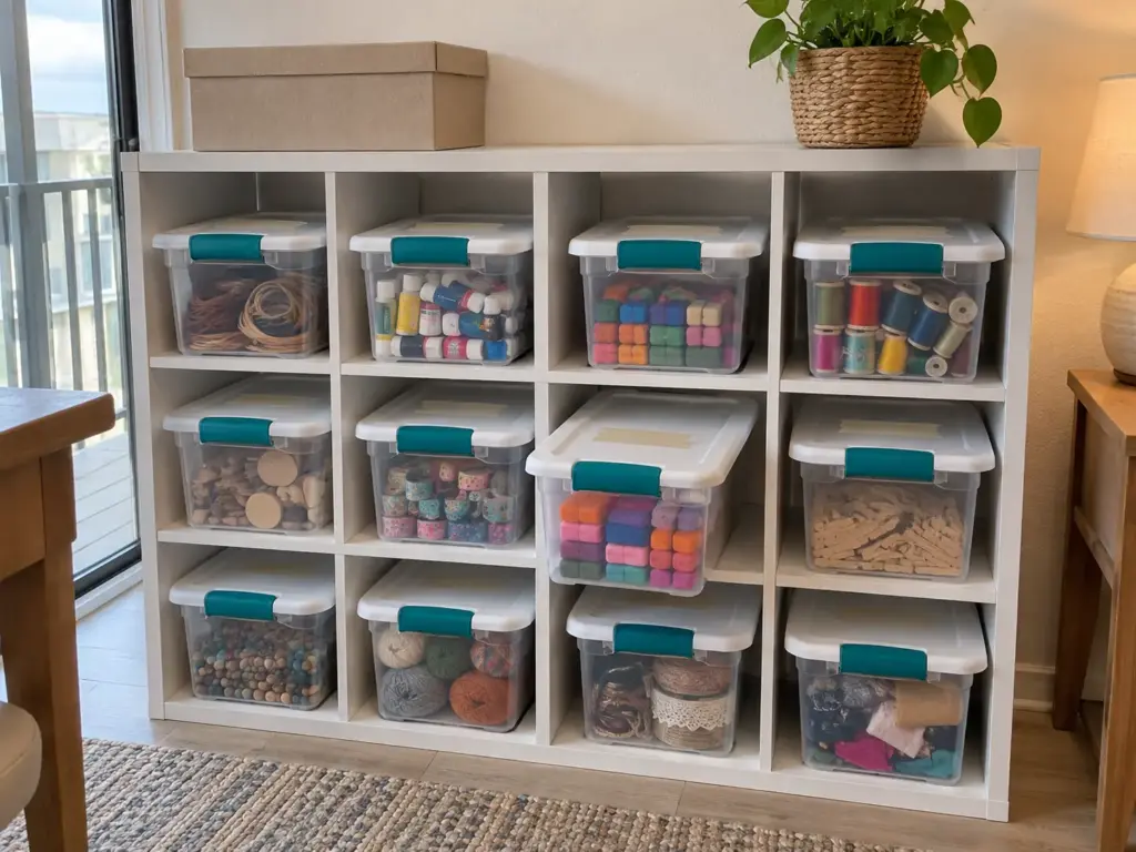 Cube shelf in a craft room with one clear latching box per craft holding leather cord, paint tubes, clay and thread