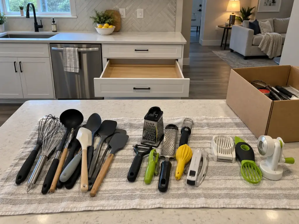A towel on a kitchen island holds a drawer's tools in three groups beside a donation box, with the emptied drawer open behind