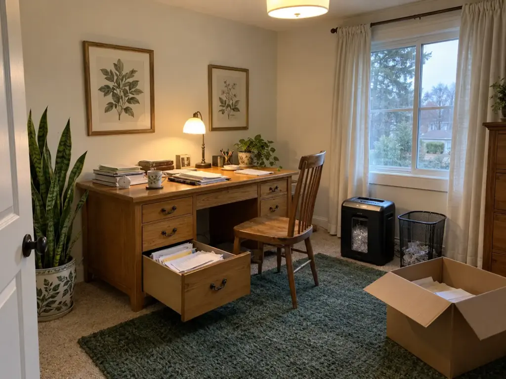 A chair, a small shredder, a wastebasket and a keep box set beside an open desk drawer for a timed paperwork session