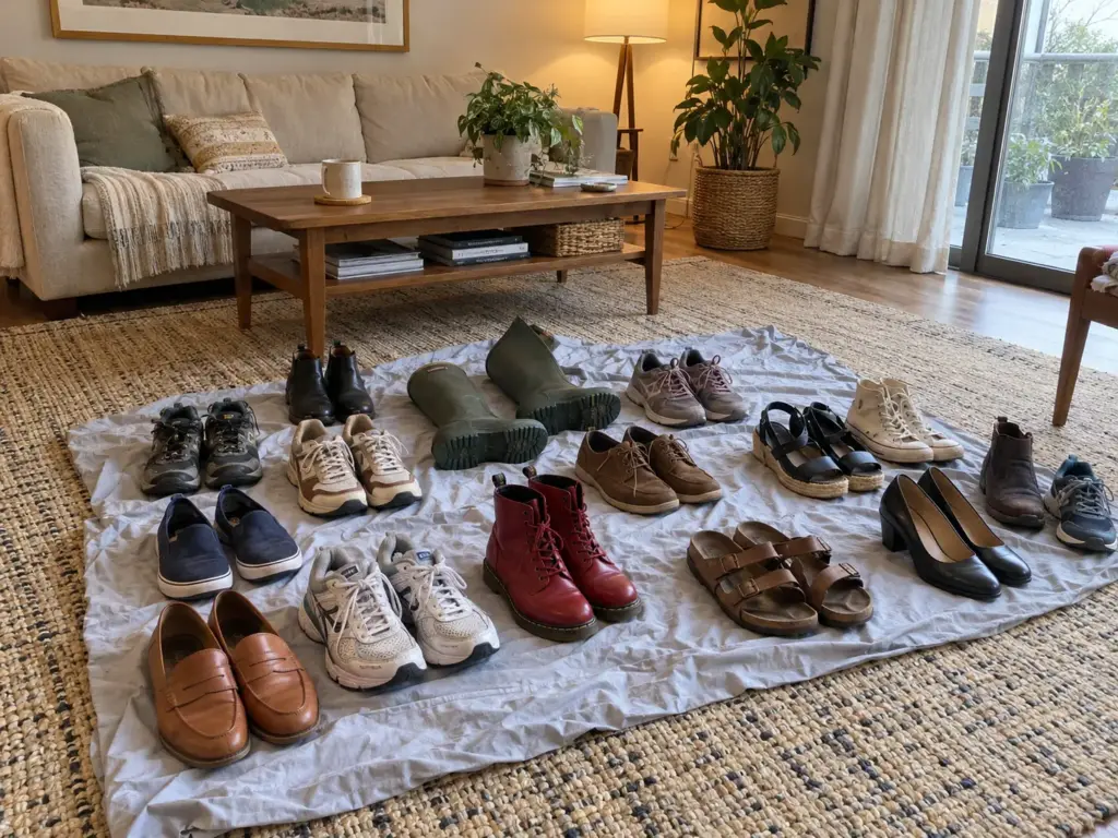 Pairs of shoes set in rows on a grey sheet spread over a living room rug, ready to be sorted before any decision