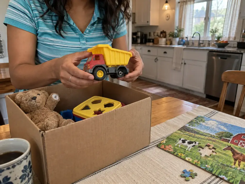 Hands hold a toy truck missing a wheel above a cardboard box next to a puzzle with one gap, sorting toys to declutter