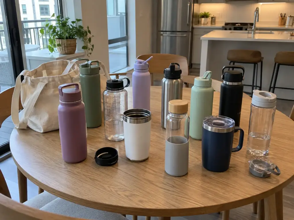 Reusable water bottles and travel mugs collected from different rooms and gathered together on a round dining table