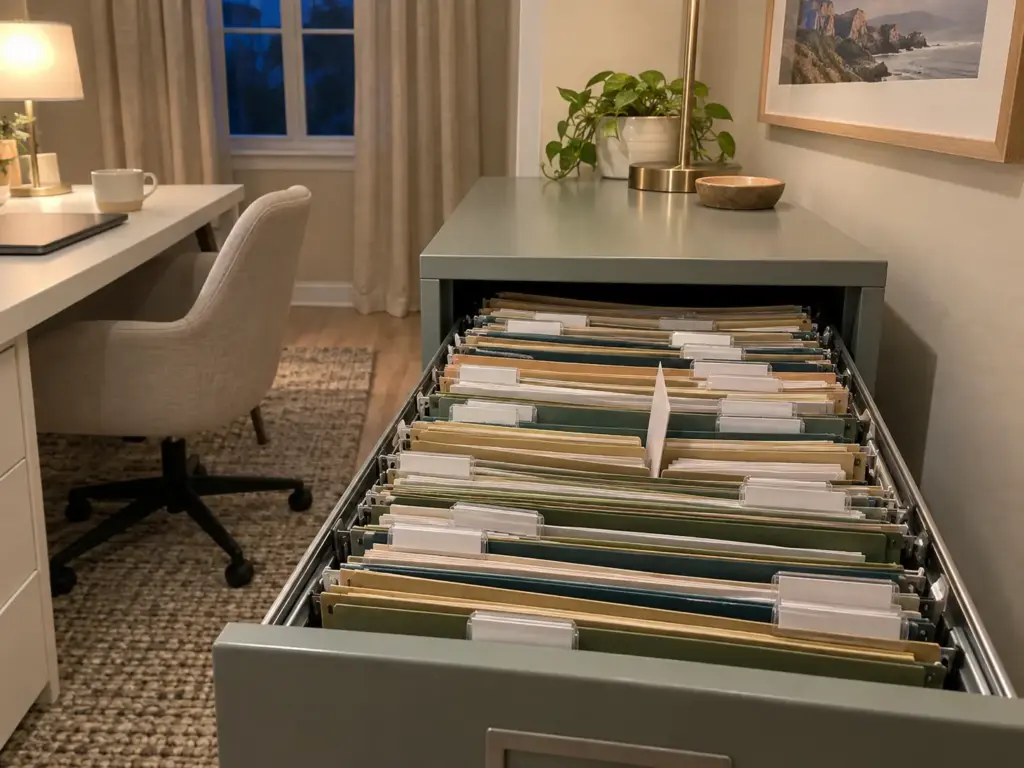 Best Filing Systems for Home Compared by Where They Break 1 A file drawer pulled open and packed tight with hanging folders, one loose sheet pushed in sideways between two folders