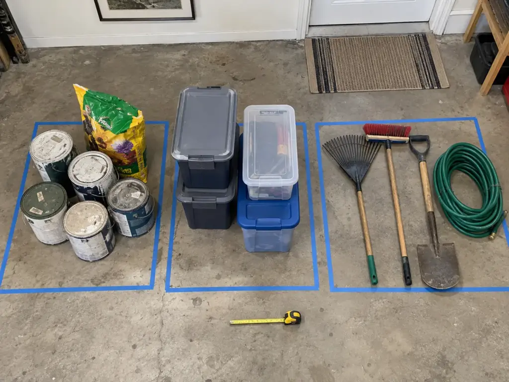 Best Garage Storage Systems by What You Actually Store 1 Garage floor with gear sorted into three taped zones: heavy cans, lidded totes and long-handled tools