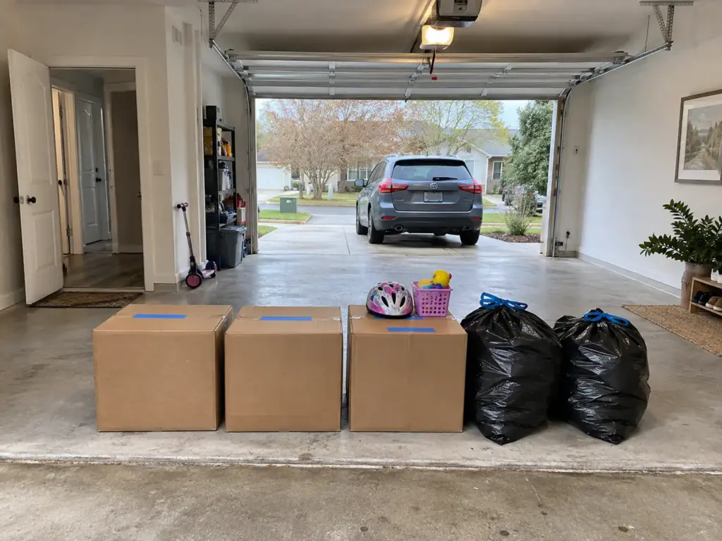 Garage Organization Ideas on a Budget, in the Right Order 1 Boxes and bags staged in a row by the open garage door ready to be donated or hauled away