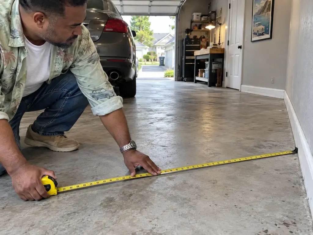 Hands pulling a yellow tape measure across the concrete floor of a garage bay to check how much space the car leaves