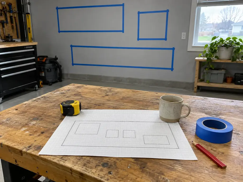 Workbench with a hand-drawn garage wall plan, tape measure and blue painter's tape marking zones on the wall