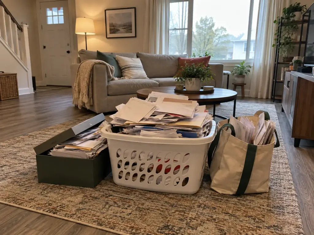 A laundry basket heaped with envelopes and folded papers collected from around the house, beside a sofa