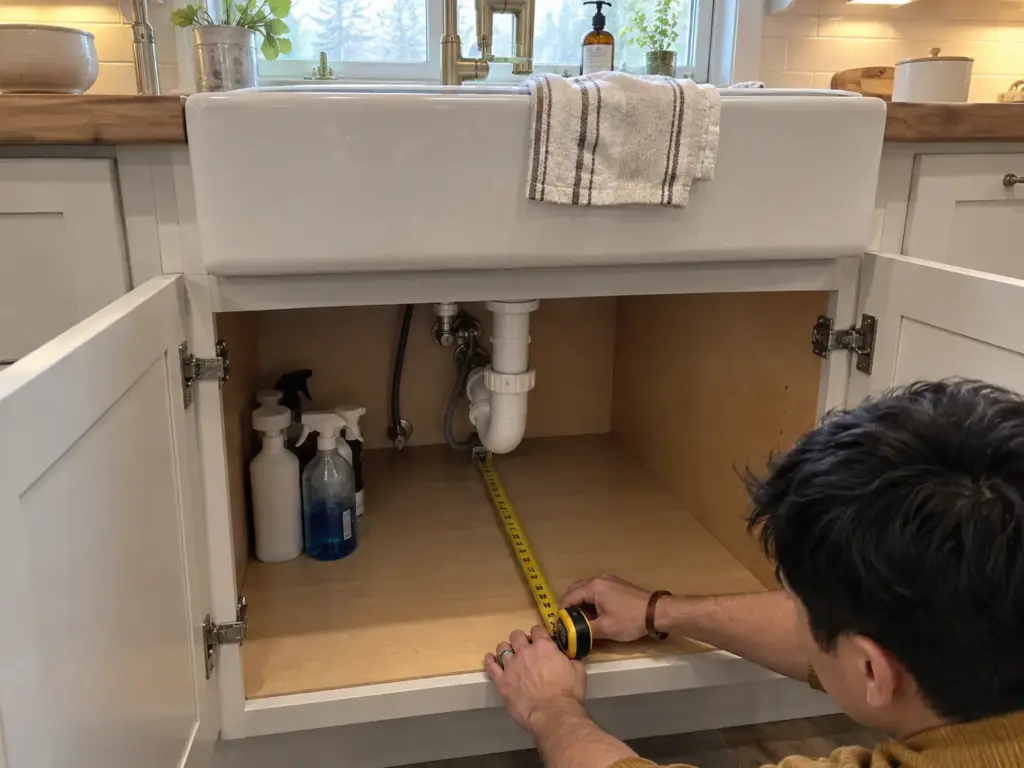 Best Cleaning Supply Organizers for the Space You Have 1 A man's hands hold a tape measure along the floor of an open kitchen sink cabinet, from the back wall to the drain pipe