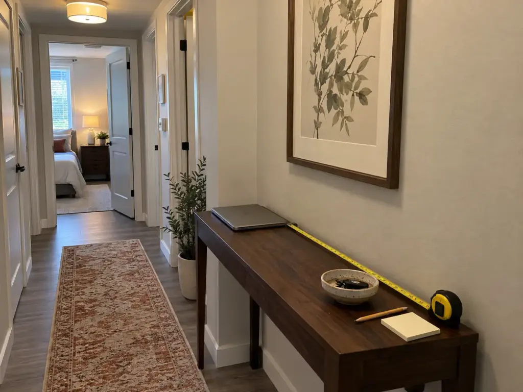 6 Home Office Ideas for Small Spaces Compared by Footprint 1 Yellow tape measure stretched across a narrow hallway console to check its depth for a small home office