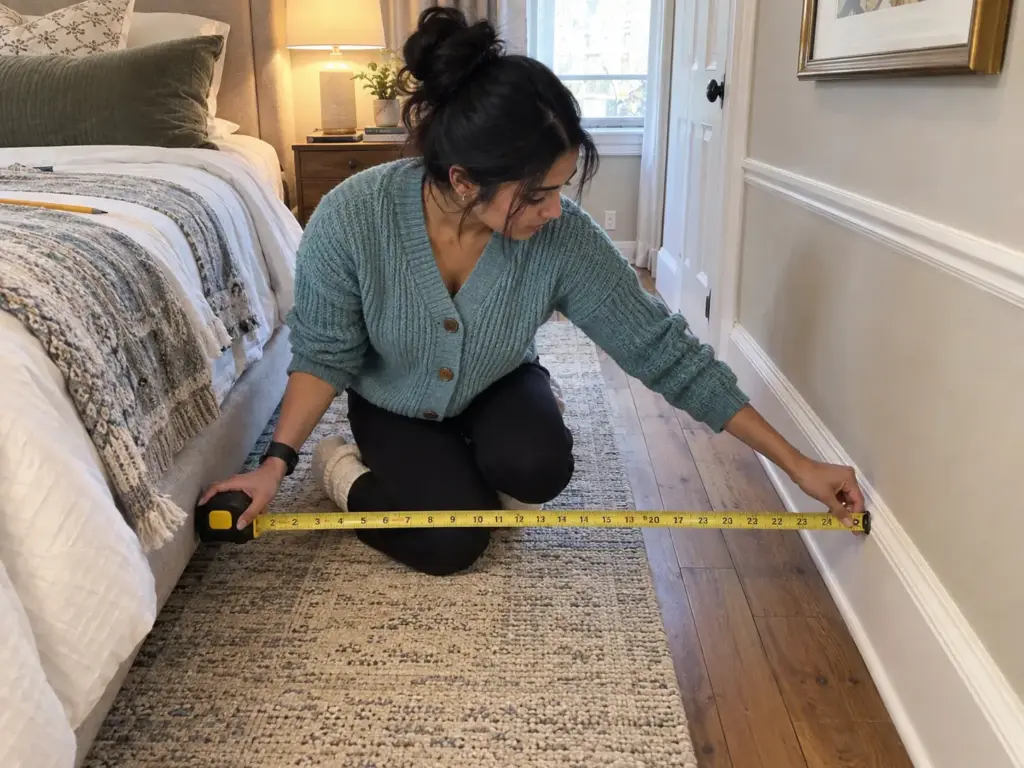 Home Office in Bedroom Ideas That Survive Week Three 1 Hands holding a yellow tape measure across the floor gap between a bed and a plaster wall in a small bedroom