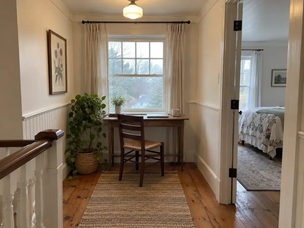 Window alcove on an upstairs landing with a narrow console table and a chair, one possible spot for a home office