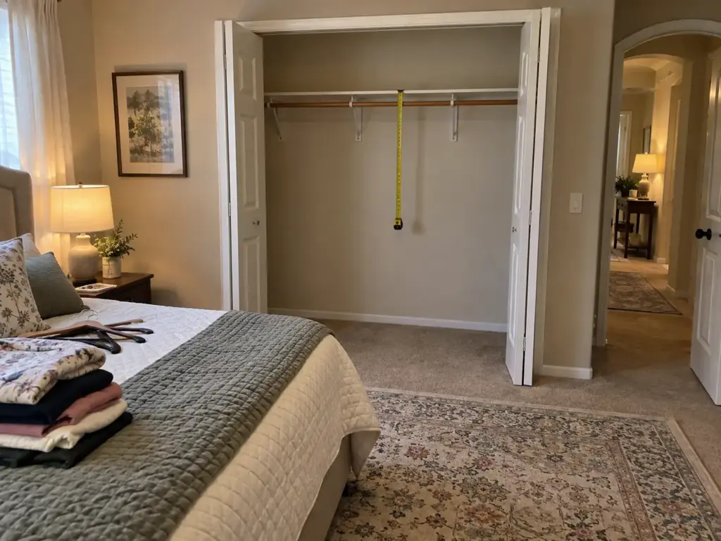 How to Create a Home Office in a Closet You'll Still Use 1 Tape measure hooked on a bare closet shelf with the empty closet behind it, measuring before building a closet office
