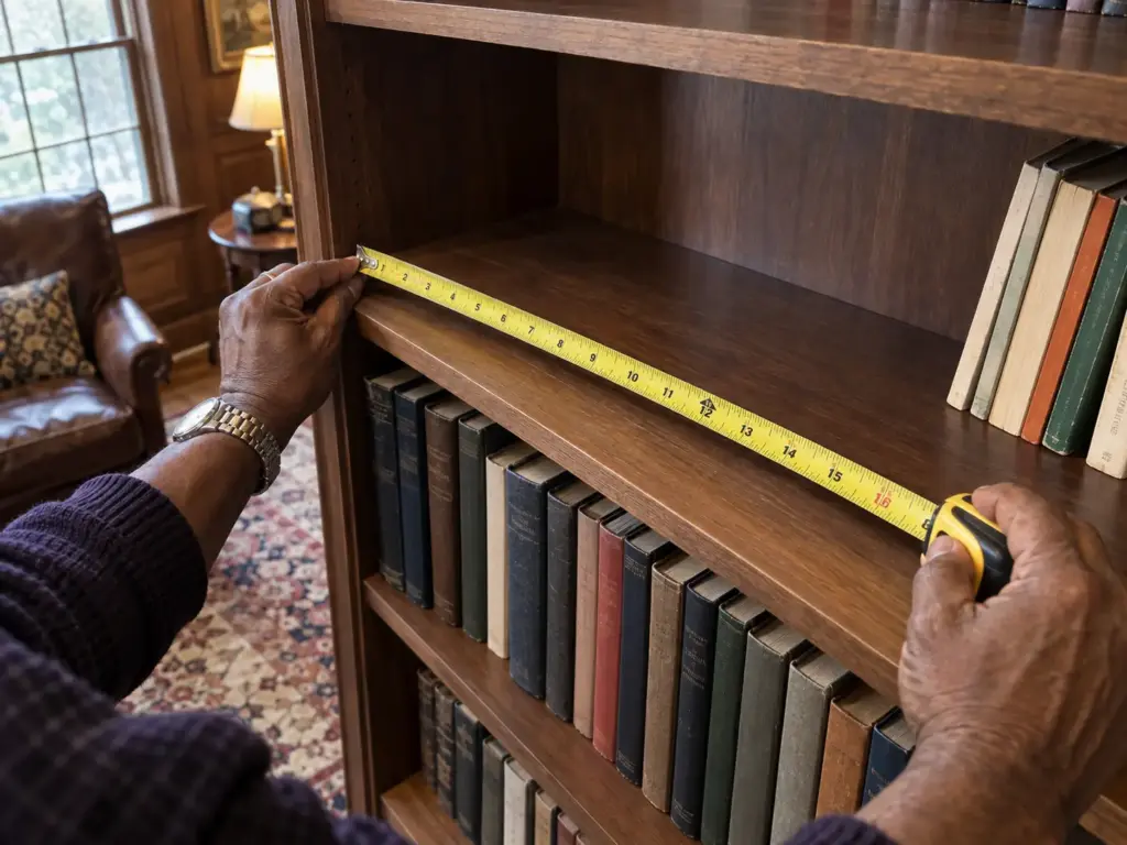 A man's hands pull a yellow tape measure along an empty bookcase shelf with a short stack of books beside it