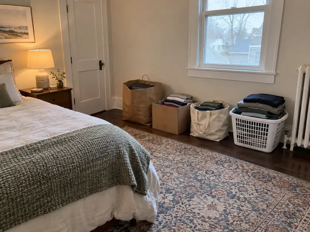 A paper bag, a box, a canvas tote and a laundry basket lined up along a bedroom wall, each with a pile of shirts