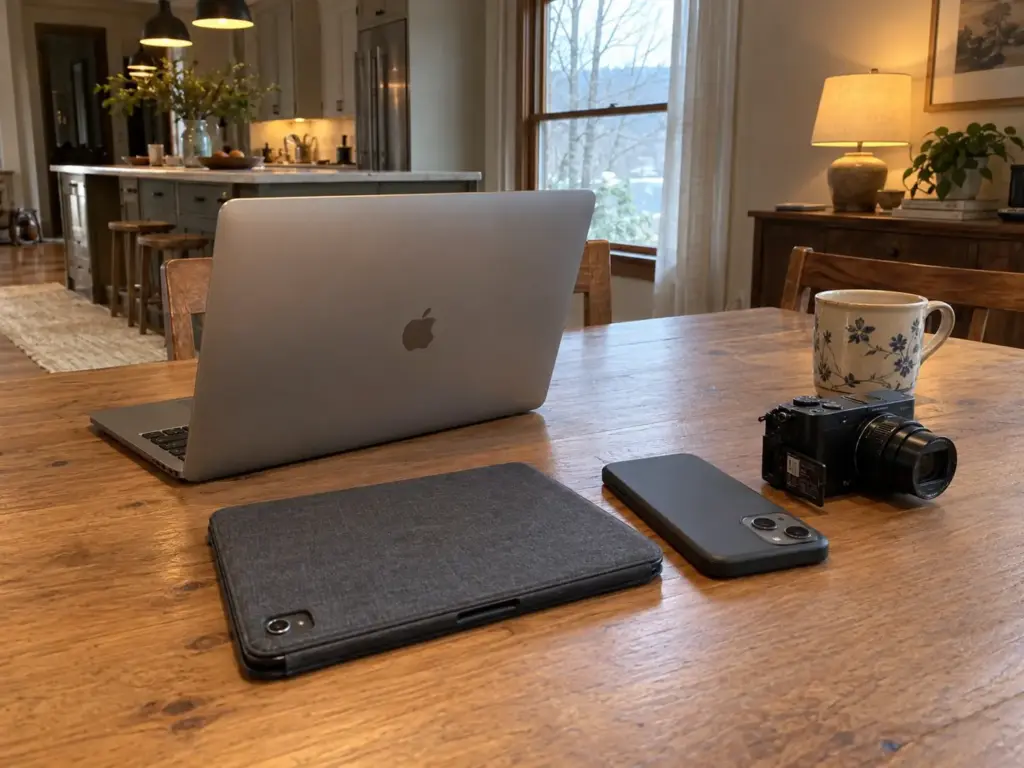 A laptop, a tablet, a phone and a compact camera on a dining table, each device saving files to its own place
