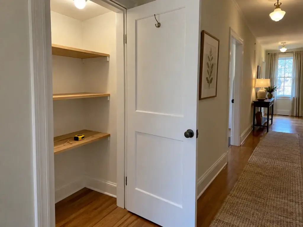 How to Organize a Utility Closet That Still Shuts 1 An emptied hallway utility closet with its door swung open, bare shelves and a yellow tape measure on the lowest shelf