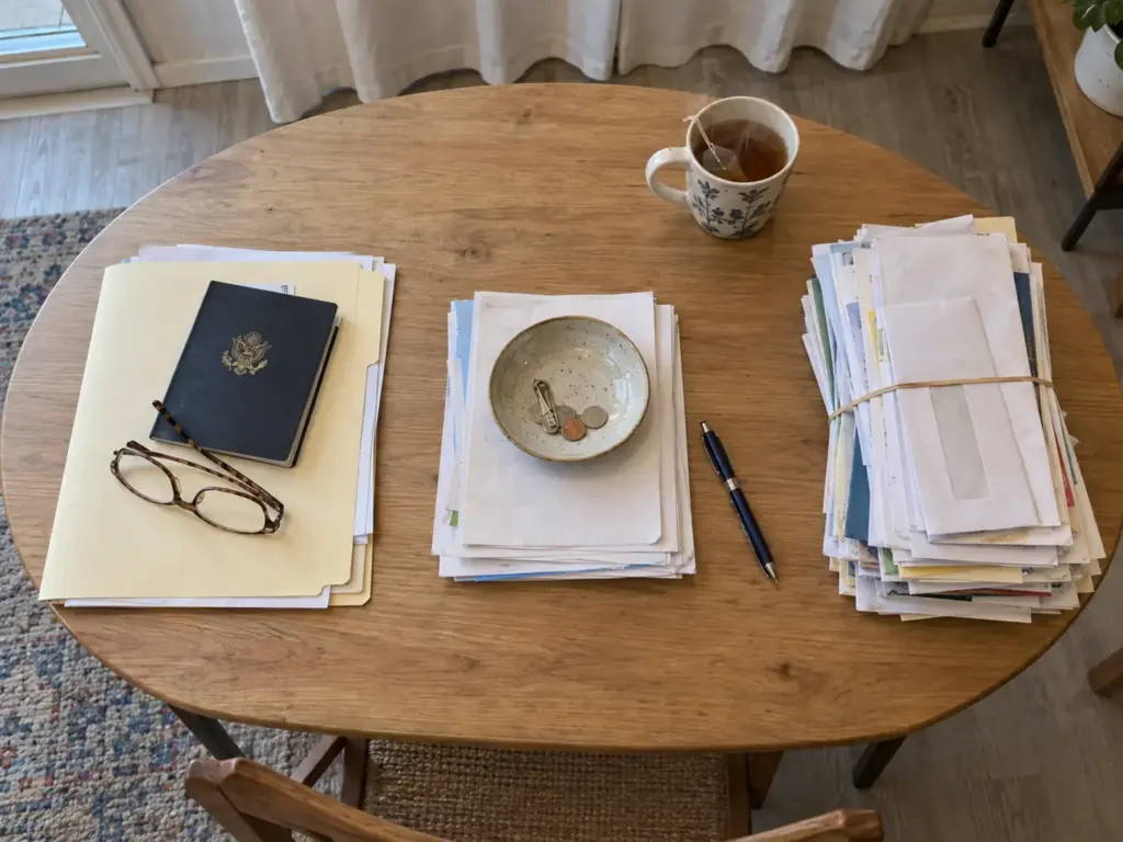Three small groups of papers and a passport laid apart on a table, sorted by how hard each is to replace
