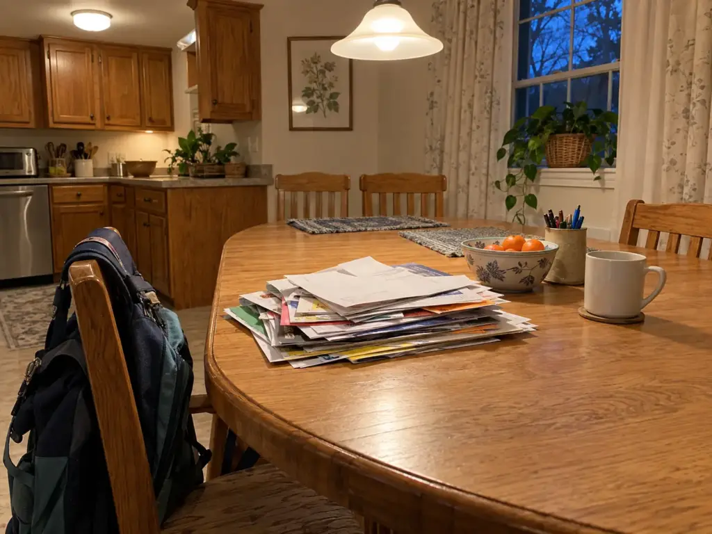 How to Organize Paper Clutter and Stop It Coming Back 1 The end of a kitchen table holding a two-inch stack of unsorted mail and school papers next to a fruit bowl