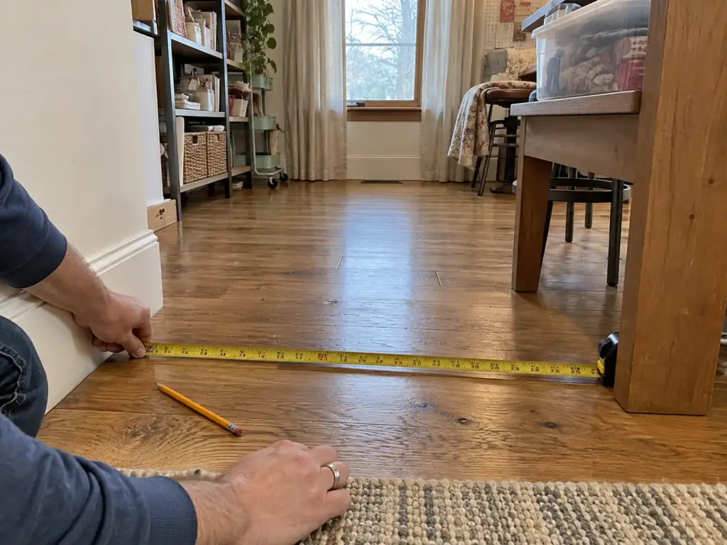 Hands stretching a tape measure along the floor between a craft table leg and the wall to check space for a cart