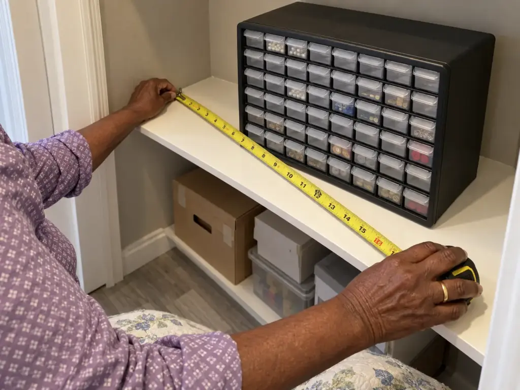 Hands pulling a tape measure across a closet shelf beside a small drawer cabinet to check usable depth