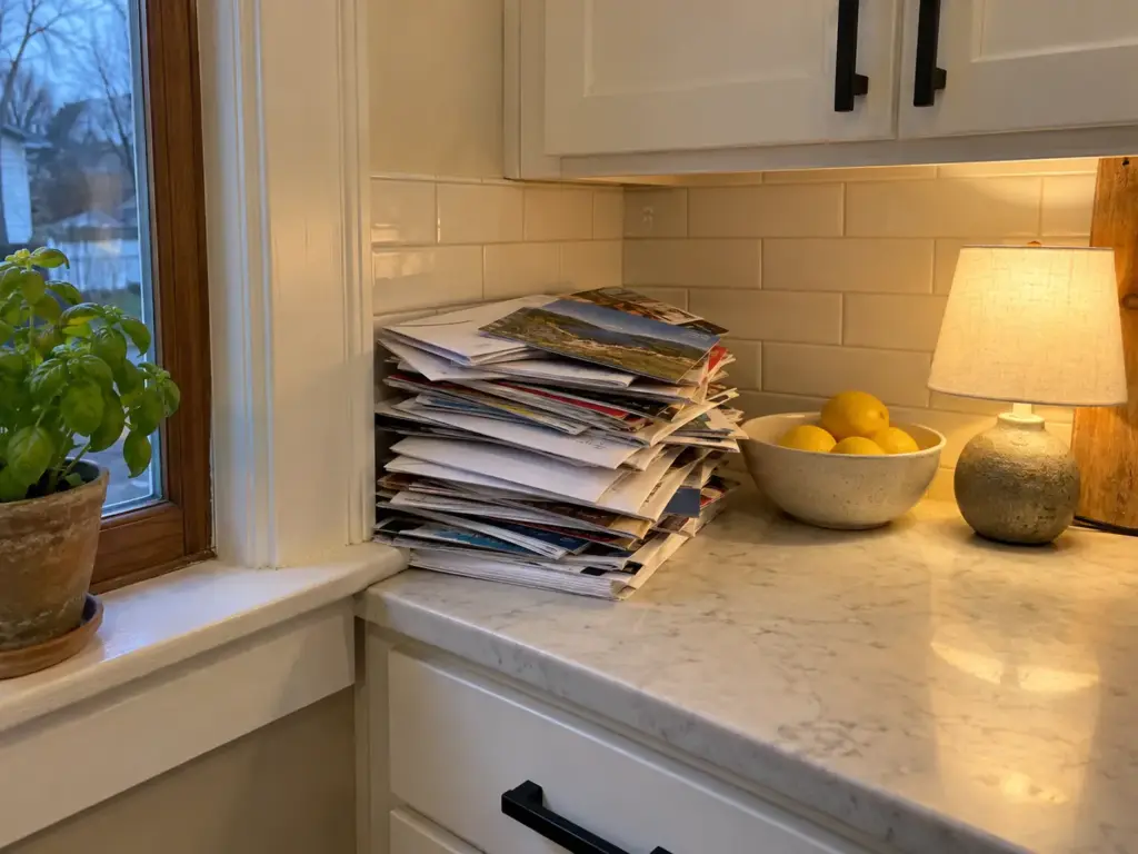 Mail Piling Up Again? A Mail Organization System That Holds 1 A stack of unopened envelopes and catalogs piled in the corner of a kitchen counter beside a bowl of lemons