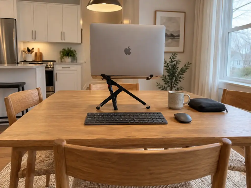 Portable Home Office Setup That Clears Off the Dinner Table 1 Laptop raised on a folding stand at one end of a dining table with a keyboard, mouse and zip pouch beside it