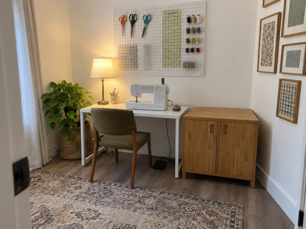 Sewing Room Organization That Sewists Actually Keep Up 1 Sewing machine on a small table under a pegboard of scissors and rulers, with a clear low locker beside it