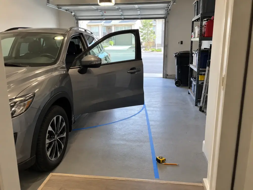 Car Still Has to Fit? Small Garage Organization Tips 1 Blue tape on a garage floor marks the car door swing and the walking path to the house door beside a parked crossover